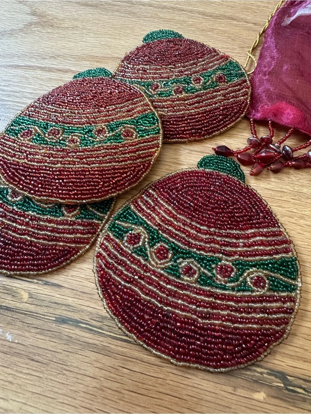 VintageChristmas Beaded Round Coasters with Matching Organza Pouch - BEAUTIFUL